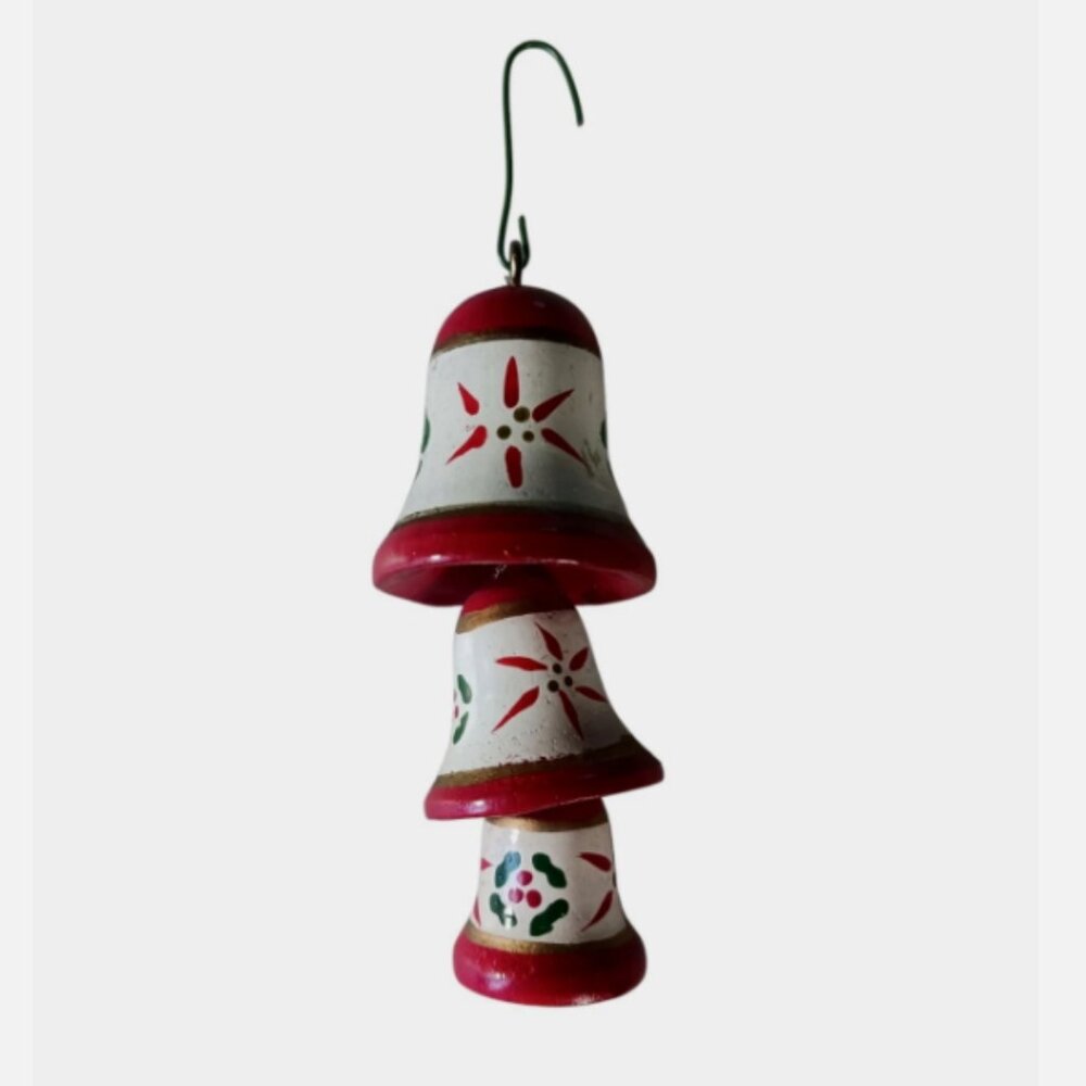 Vintage Christmas Bell Ornament Triple Bells Nested Hand Painted Wood Taiwan